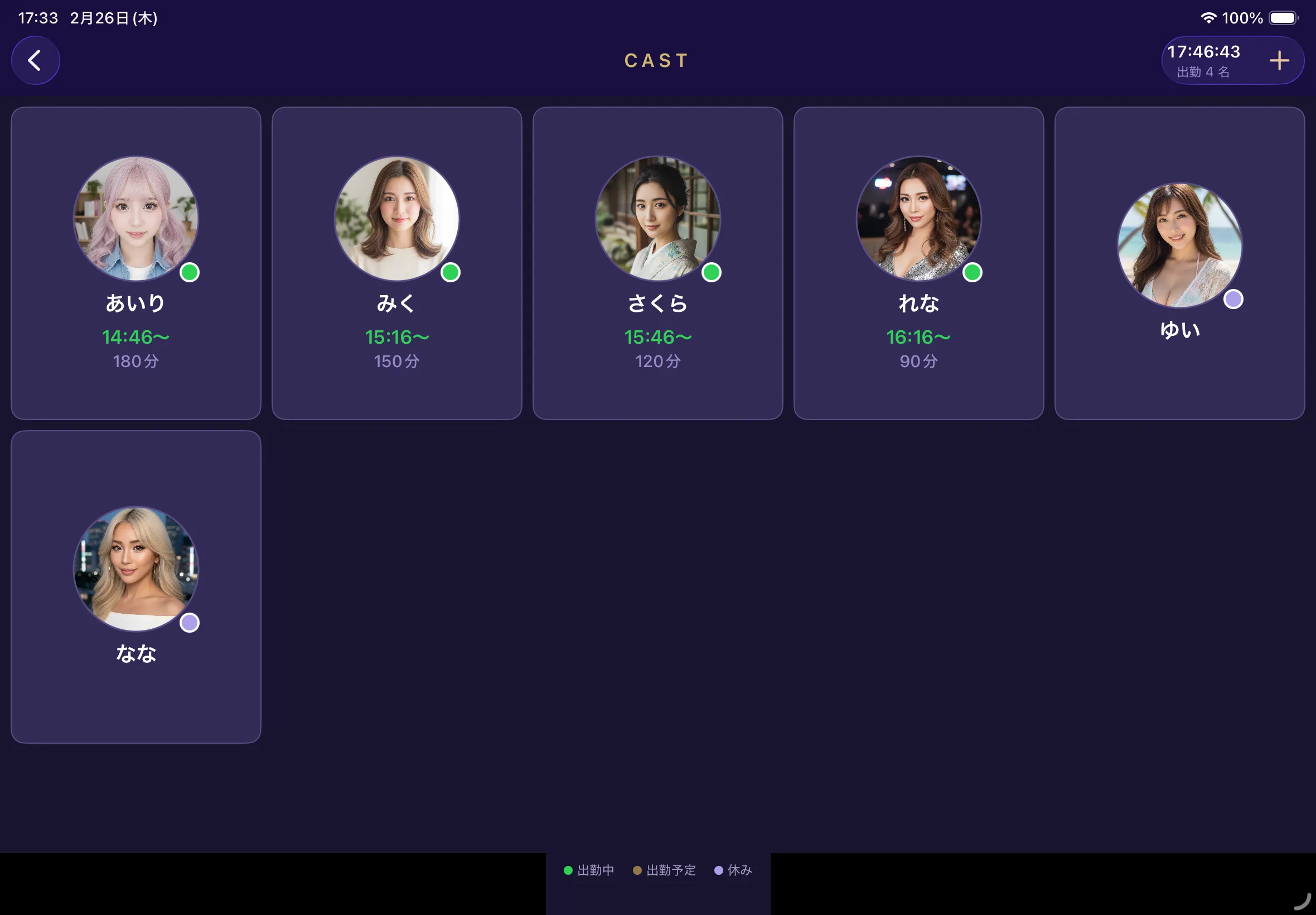 LunaPos Floor - キャスト管理画面